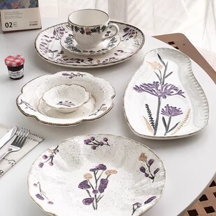 复古法式 外贸订单 手绘田园风薰衣草釉下彩陶瓷餐具 Garden Annie