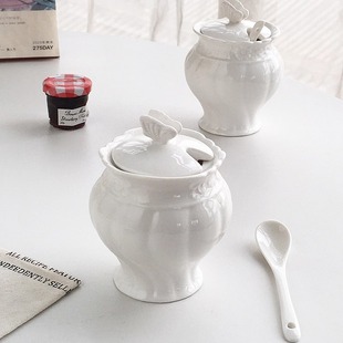 白色陶瓷调料罐蝴蝶造型盖子带勺咖啡糖罐 外贸订单 Annie Garden