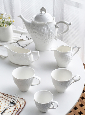 Annie Garden 外贸出口 法式中古精致浮雕花朵陶瓷白色咖啡杯奶壶