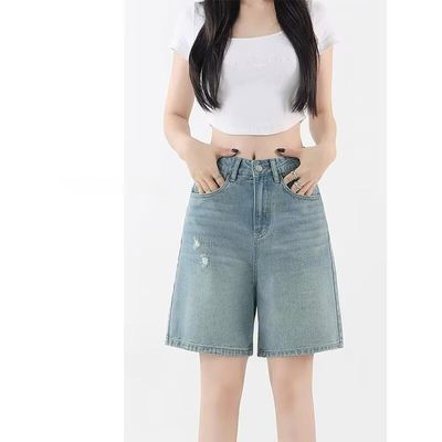 浅色破洞阔腿牛仔短裤女夏季大码胖mm宽松显瘦梨型身材直筒五分裤