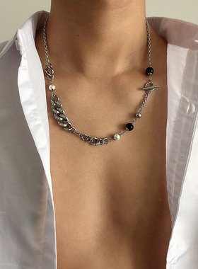 欧美朋克风几何黑白拼接镶钻链条
