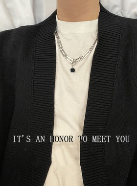 欧美嘻哈项链小众设计感钛钢方块古巴链男锁骨链ins潮卫衣拼接