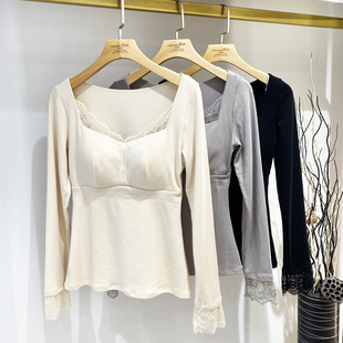 2025秋冬长袖 保暖衣女固定杯大胸显小聚拢免穿内衣打底性感蕾丝边