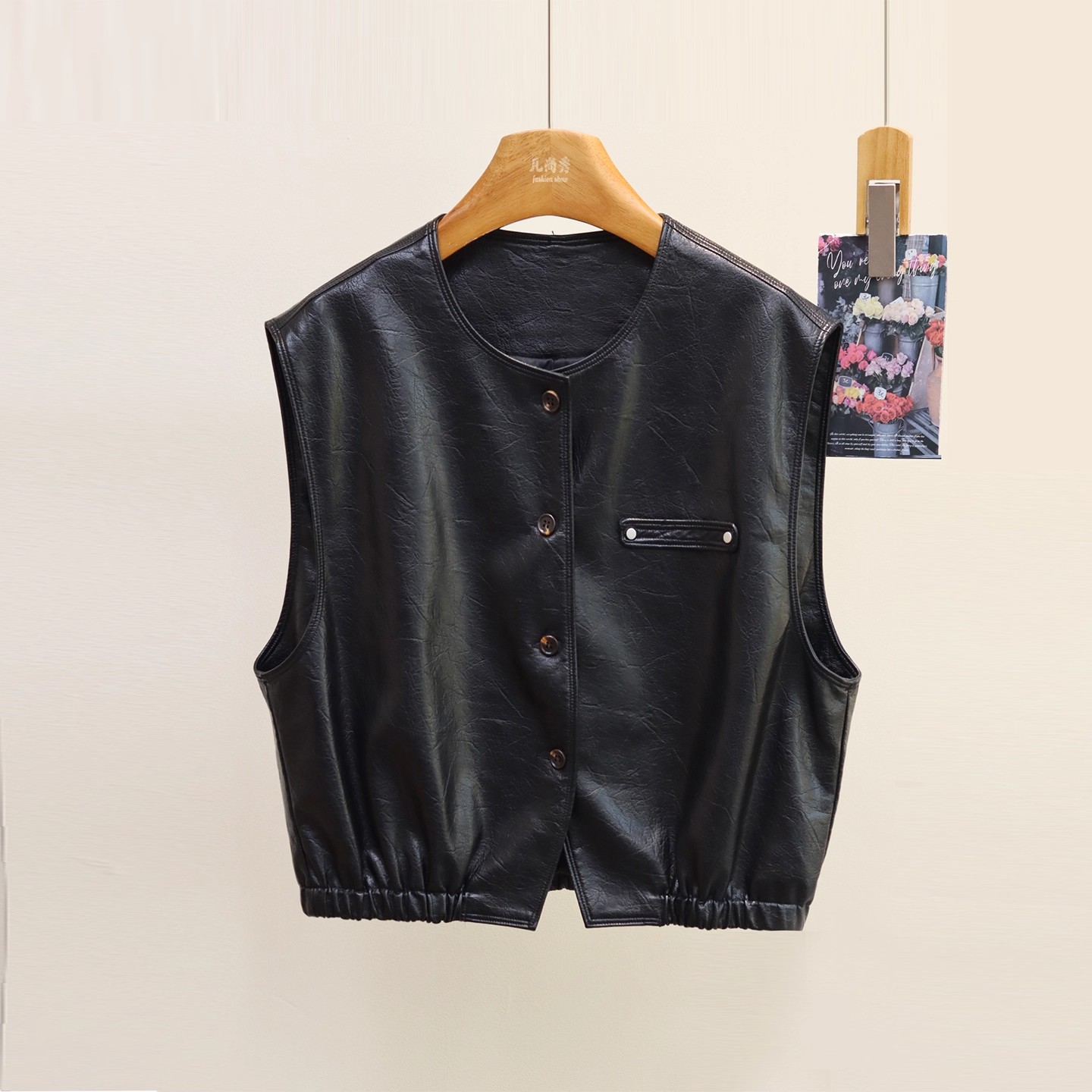 欧货圆领pu皮衣马甲外套女春秋洋气时尚叠穿坎肩背心百搭开衫马夹