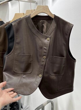 2025春秋新款韩版复古小个子机车皮马夹女坎肩无袖夹克短款外套