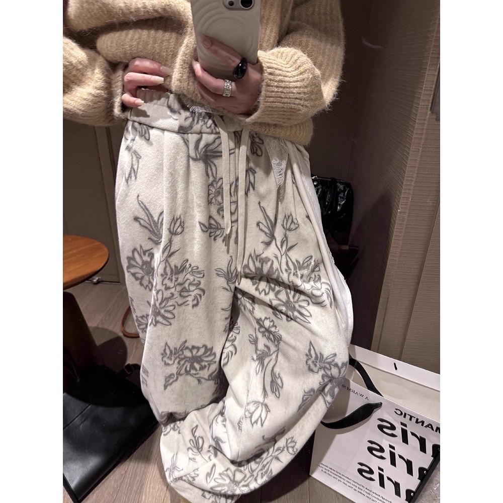 松紧腰慵懒风宽松加绒拖地裤子