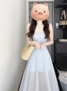 法式蓝色蕾丝吊带连衣裙女装夏季海边度假礼服收腰修身绝美长裙子