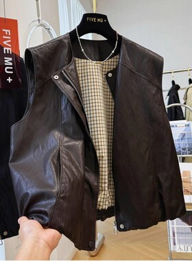 高级感复古老钱风圆领pu皮马甲背心外套女秋季无袖皮夹克坎肩上衣