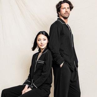 美国代购petite plume睡衣女秋冬奢华匹马棉长袖纯色男家居服套装