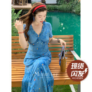优雅时尚 蓝风铃絮 气质蓝色V领碎花连衣裙 胖mm 米米子微胖大码