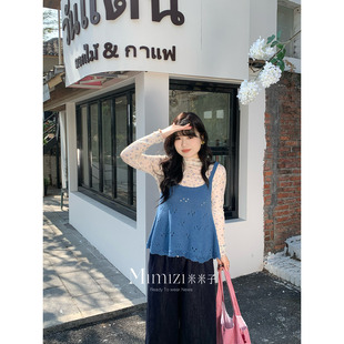 别致蓝色针织吊带上衣女春 清新休闲气质时尚 米米子微胖大码 胖mm