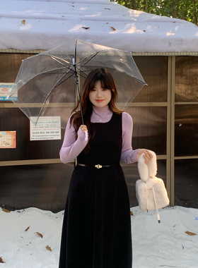 米米子微胖大码胖mm 休闲风通勤紫色长袖打底黑色背带长裙套装冬