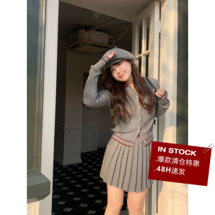 【现货】米米子微胖大码胖mm“校阅女孩”休闲撞色百褶裙毛衣
