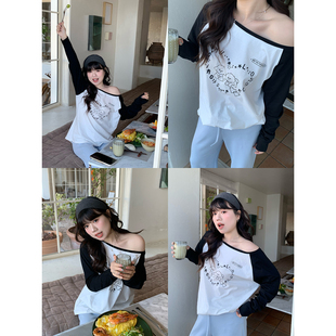 米米子微胖大码胖mm“牛牛N次方”休闲风小熊印花休闲长袖大T恤春