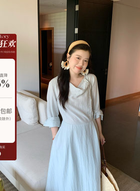 米米子微胖大码胖mm“雾岛青禾”极简风收腰宽松感棉麻收腰连衣裙