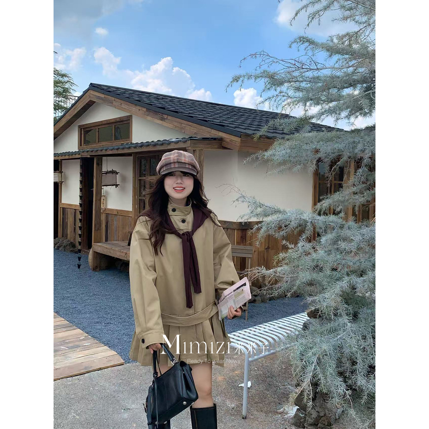 米米子微胖大码胖mm“北海道季风”时尚宽松风衣百褶披肩套装女秋