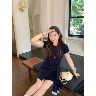 米米子微胖大码 甜美风气质拼接系带遮肚连衣裙 胖mm 威尼斯蓝调