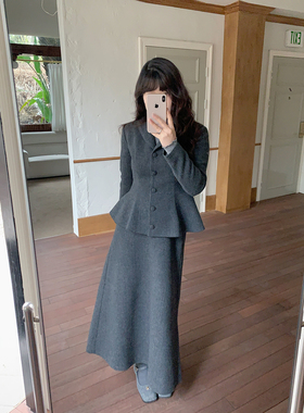 米米子微胖大码胖mm“雾入松林”小香风气质时尚收腰毛呢两件套冬