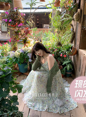 现货米米子微胖大码胖mm“花漾假日”甜美风清新是碎花吊带连衣裙