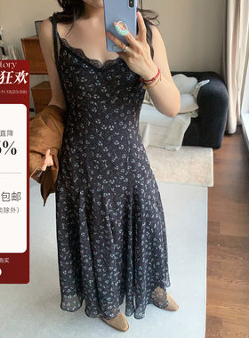 现货米米子微胖大码胖mm“暮色回响”中古修身黑色系碎花连衣长裙