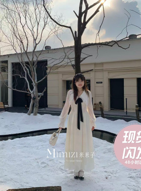 米米子微胖大码胖mm“皎白月光”清新甜美高腰黑色系带连衣裙长裙