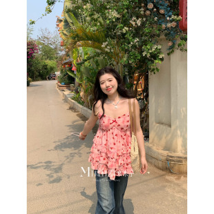 甜美风别致宽松粉色桃心吊带上衣 心动信号 米米子微胖大码 胖mm