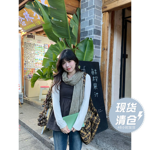 现货米米子微胖大码胖mm“卡农普诗”休闲风小清新格纹假两件上衣