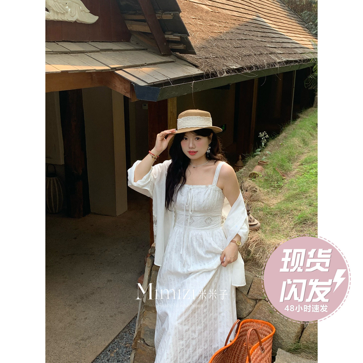现货米米子微胖大码胖mm“晴日白茉”度假烧花刺绣无袖白色连衣裙图片