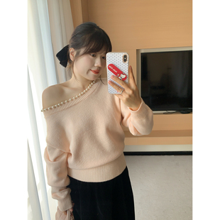 纯欲套头宽松长袖 淡水粉珍珠 两穿针织毛衣 胖mm 米米子微胖大码