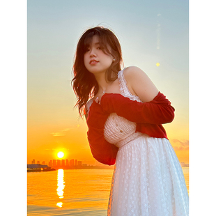 防晒木耳边上衣红色v领针织开衫 米米子微胖大码 春季 热恋 女 女装