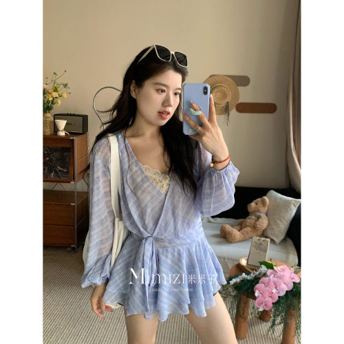 米米子微胖大码胖mm晴空信笺”du家v领蓝格纹收腰V领绑带连衣裙春