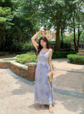 米米子微胖大码胖mm熏衣浅夏”优雅风时尚别致独特紫色碎花蕾丝裙