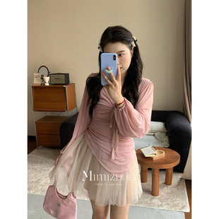 日落蜜糖 休闲风高腰香槟粉半身短裙纱裙春 胖mm 米米子微胖大码
