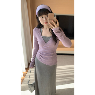 清雅褶语 米米子 20点 定制灰紫撞色针织长裙两件套