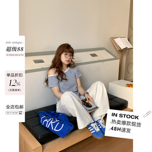 胖mm 气质百搭修身 米米子微胖大码 时尚 T恤女夏 条纹斜肩短袖 长袖
