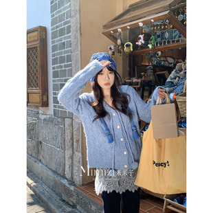 温柔风时尚 米米子微胖大码 胖mm 海滨蓝调 春 别致海军蓝毛衣开衫