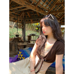 少女风时尚 椰影棕调 气质假两件系带上衣春 胖mm 米米子微胖大码