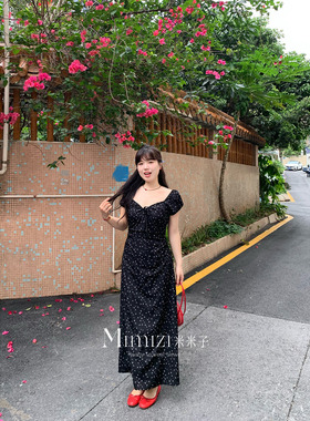 米米子微胖大码胖mm“星落晚樱”法式桃心领黑色系带碎花连衣裙夏