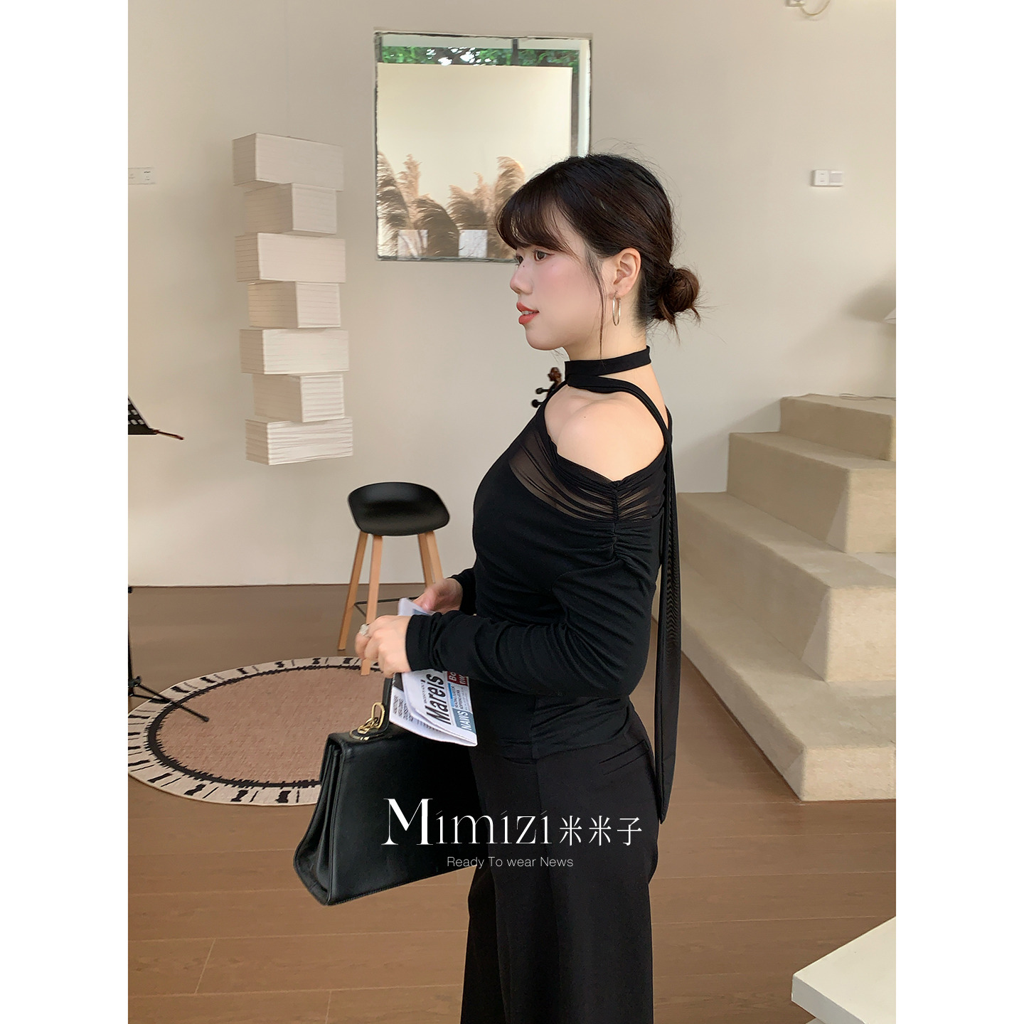 米米子微胖大码胖mm“酒心黑巧”少女风针织长袖拼接一字领上衣冬