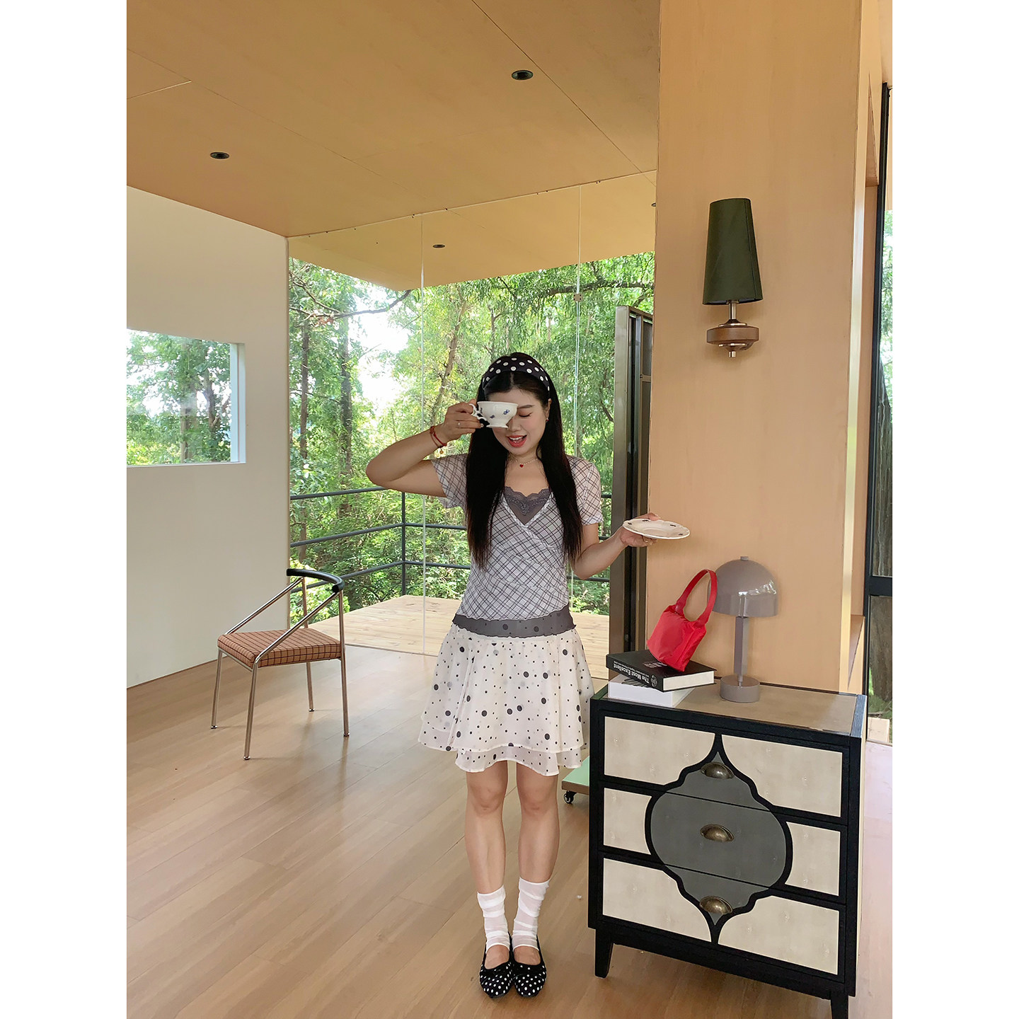 米米子微胖大码胖mm&ldquo;圆点千层&rdquo;甜美风时尚气质杏色波点半身裙夏