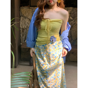 甜美挂脖花朵纹理纯色抹胸吊带 茉莉与扶桑 米米子微胖大码 胖mm