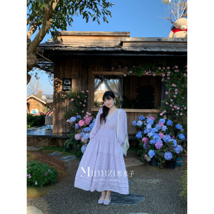 甜美V领拼接薰衣草紫碎花连衣裙 春日画谱 米米子微胖大码 胖mm