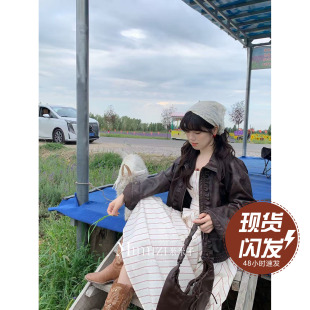 米米子微胖大码 复古中古风休闲通勤慵懒感深咖色皮外套女秋 胖mm