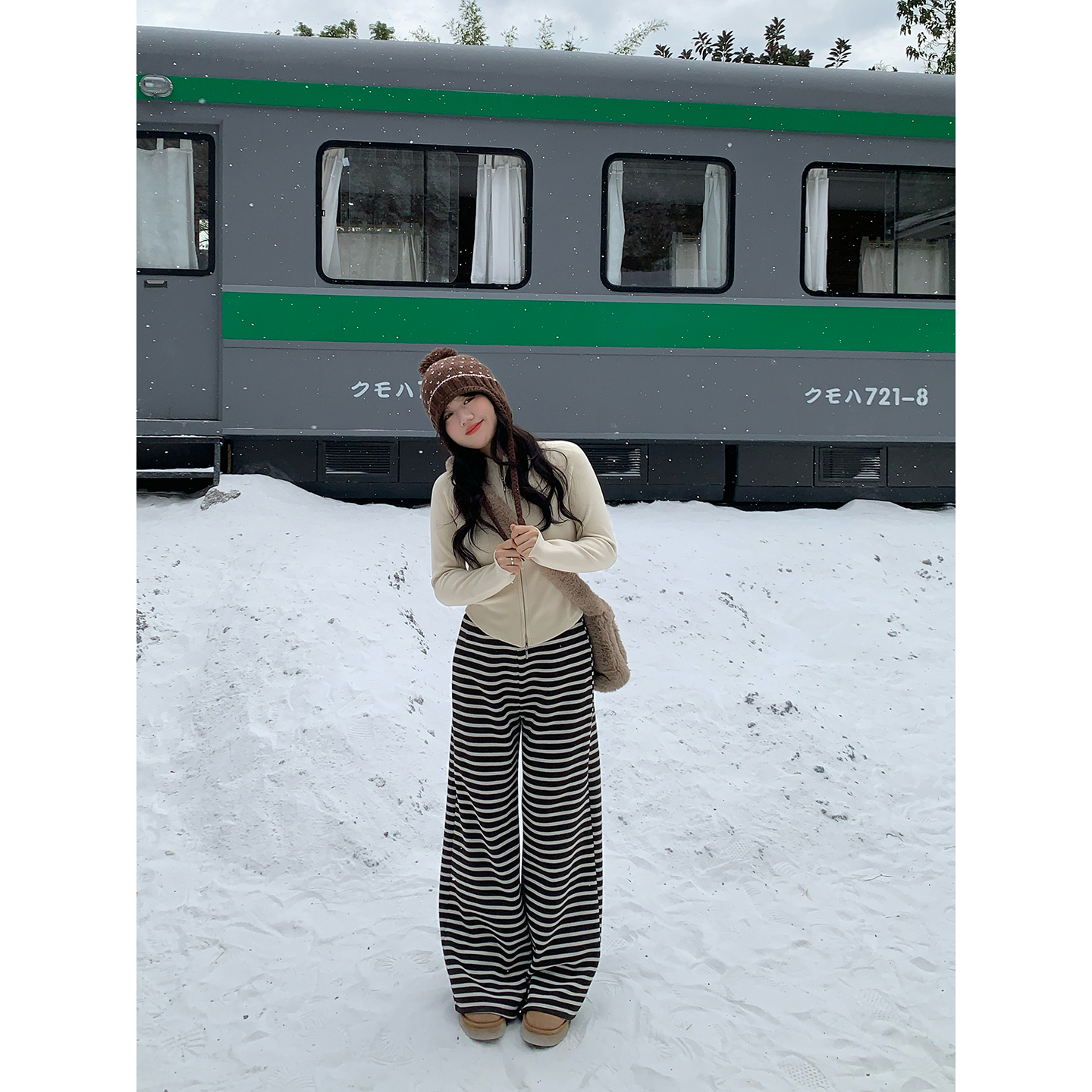 米米子微胖大码胖mm“慵懒星期五”松弛风条纹修身加绒阔腿裤女冬