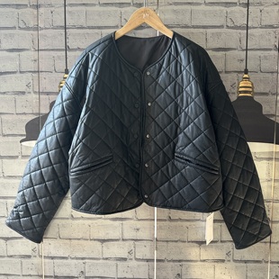 原单好货宽松大码女装pu绗缝格大码宽松轻薄棉衣外套女皮衣