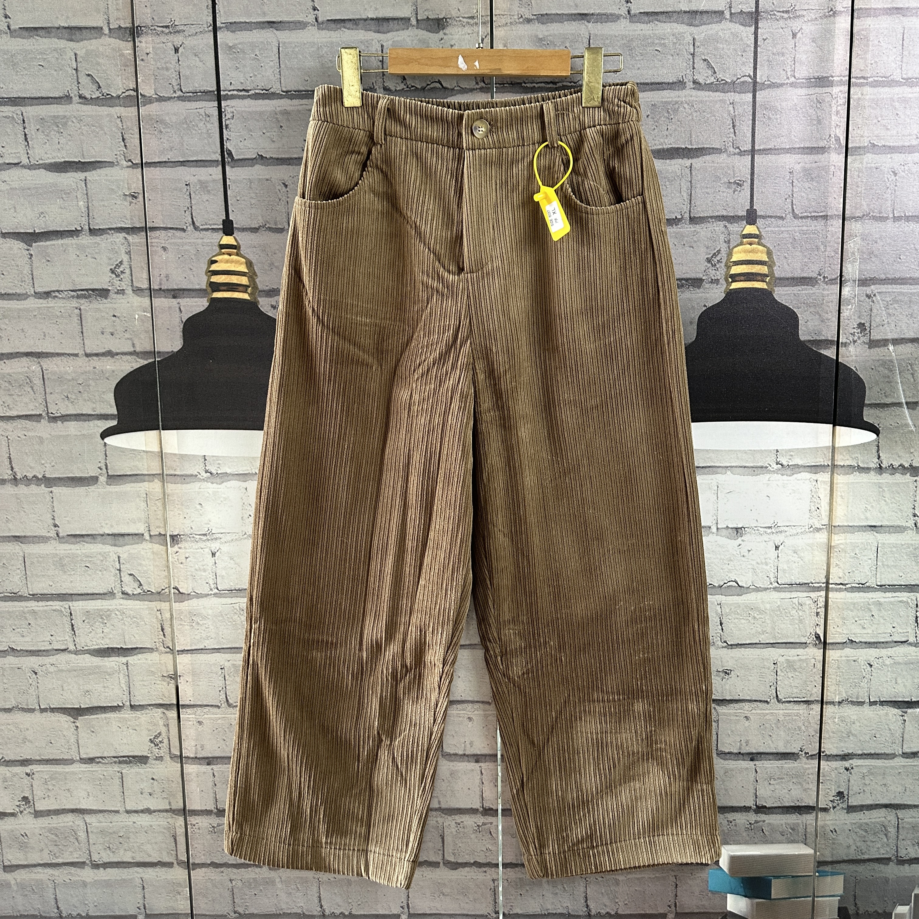 日系原单宽松大码半松紧腰灯芯绒加绒条纹大直筒9分裤靴裤女