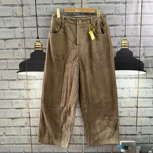 女 靴裤 日系原单宽松大码 半松紧腰灯芯绒加绒条纹大直筒9分裤