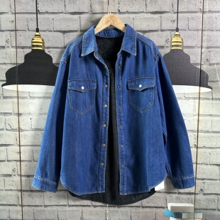 原单宽松大码加绒牛仔衬衫外套女大码女装打底叠穿保暖加绒外套