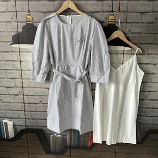 夏季中袖竖条纹腰带棉裙子加吊带2件套女C033