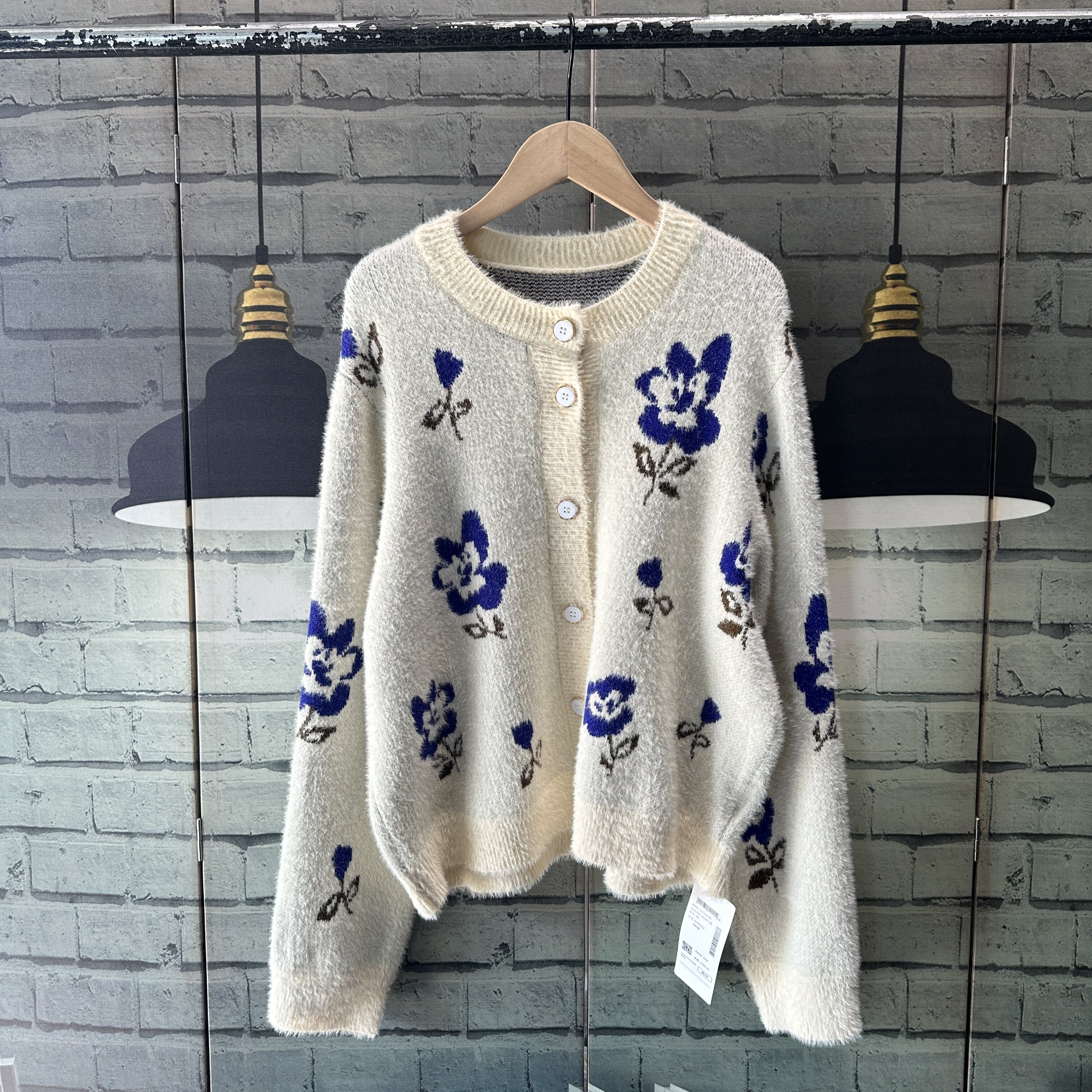 加厚仿水貂绒花色提花宽松圆领长袖毛衣外套女E212